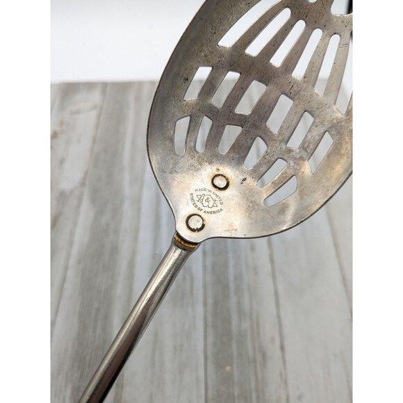 Vintage A&J Slotted Serving Chromium Plated Spoon Wood Handle 12" - Picture 7 of 8